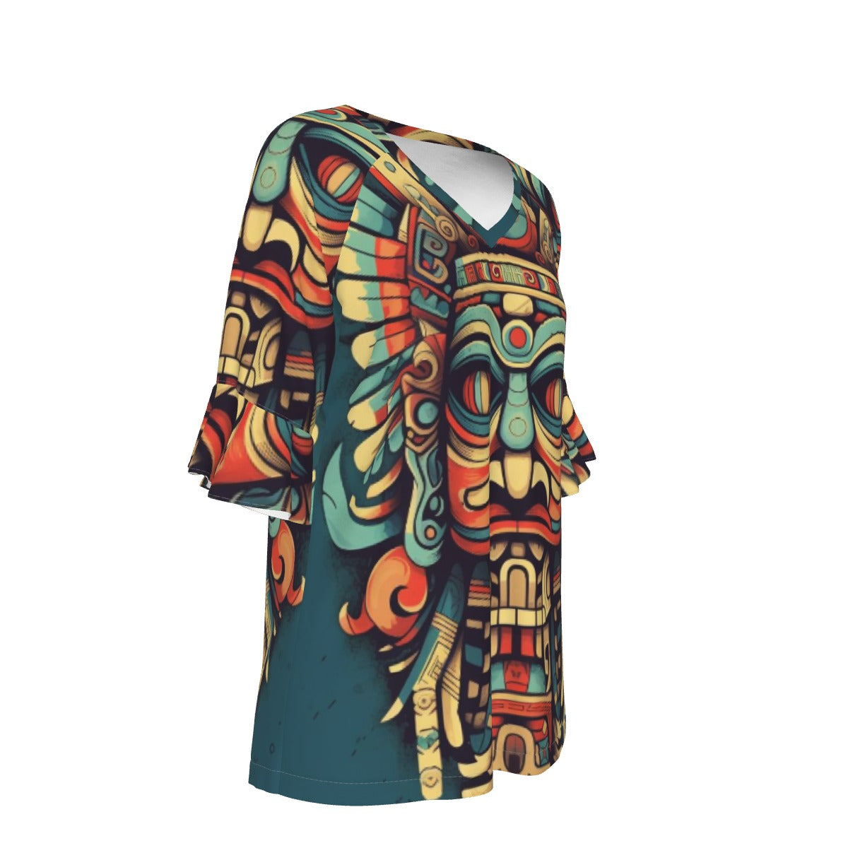 All-Over Print V-neck Women's T-shirt With Bell Sleeve