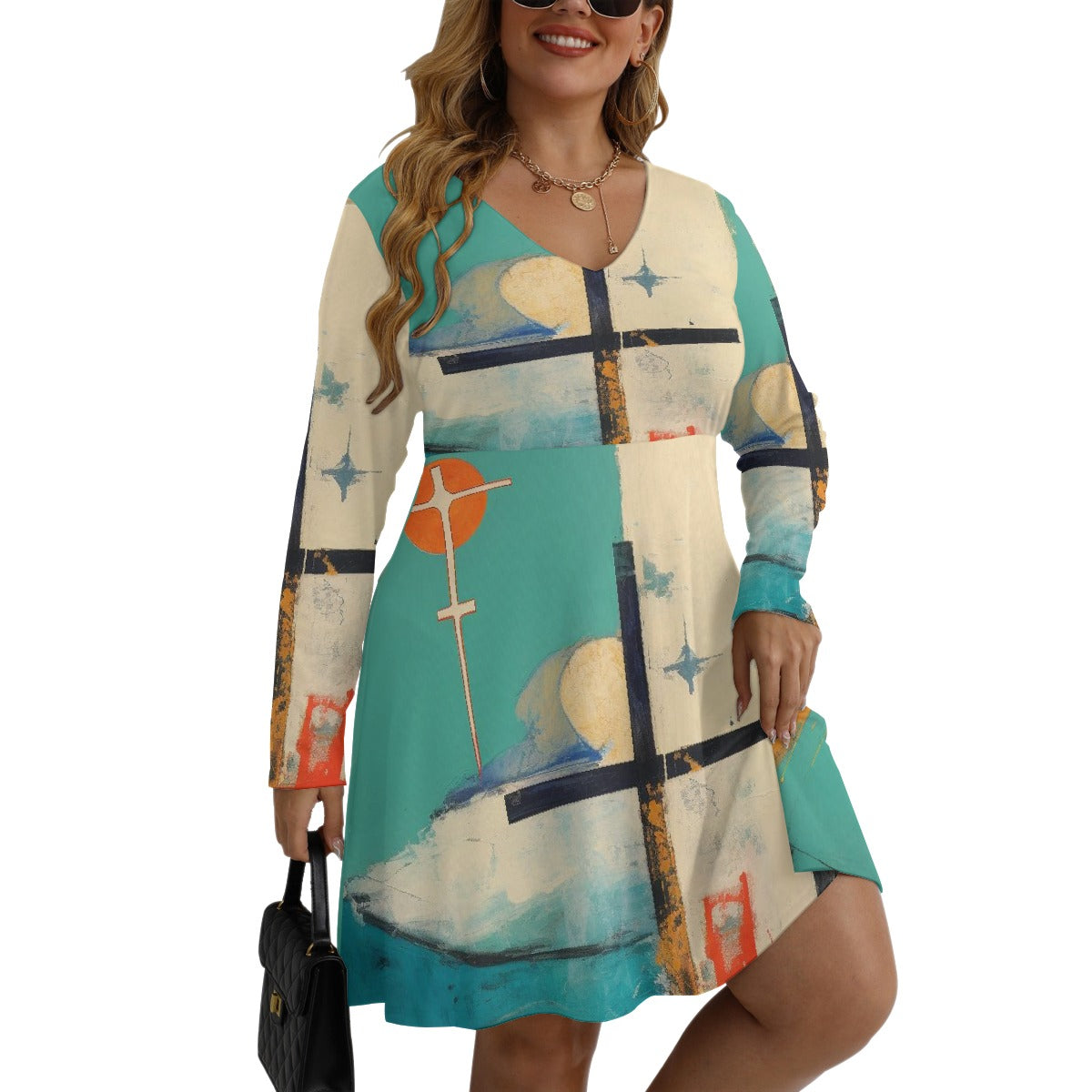 All-Over Print Women's V-neck Long Sleeve Dress(Plus Size)