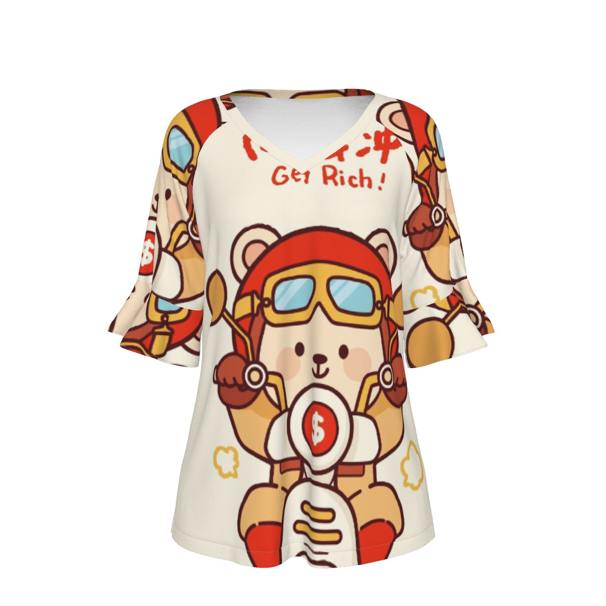 All-Over Print V-neck Women's T-shirt With Bell Sleeve