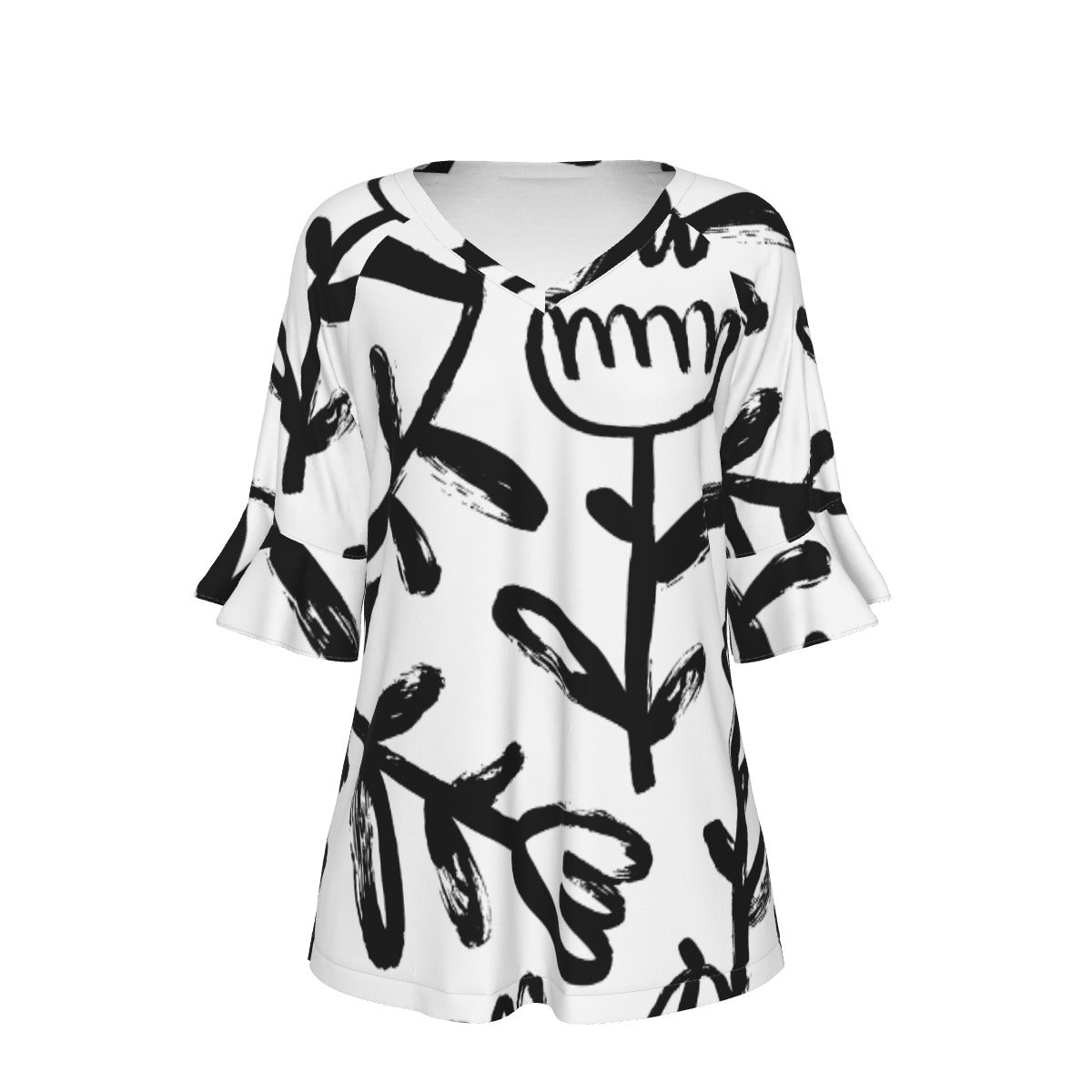 All-Over Print V-neck Women's T-shirt With Bell Sleeve