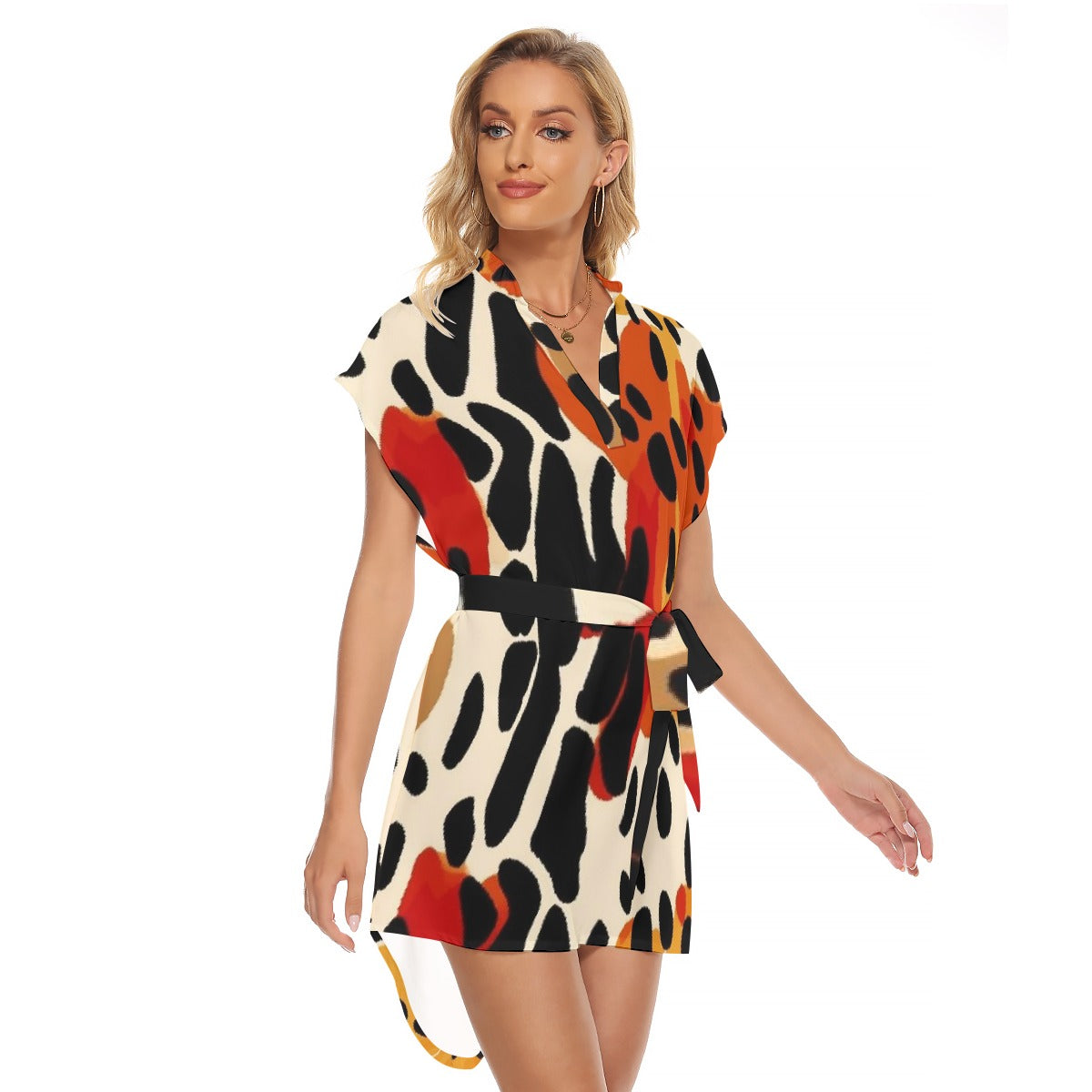 All-Over Print Women's Stand-up Collar Casual Dress With Belt