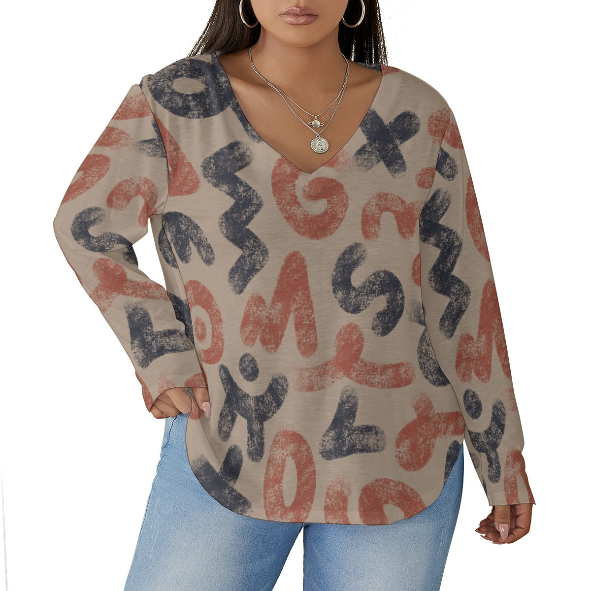 All-Over Print Women's V-neck T-shirt With Curved Hem(Plus Size)