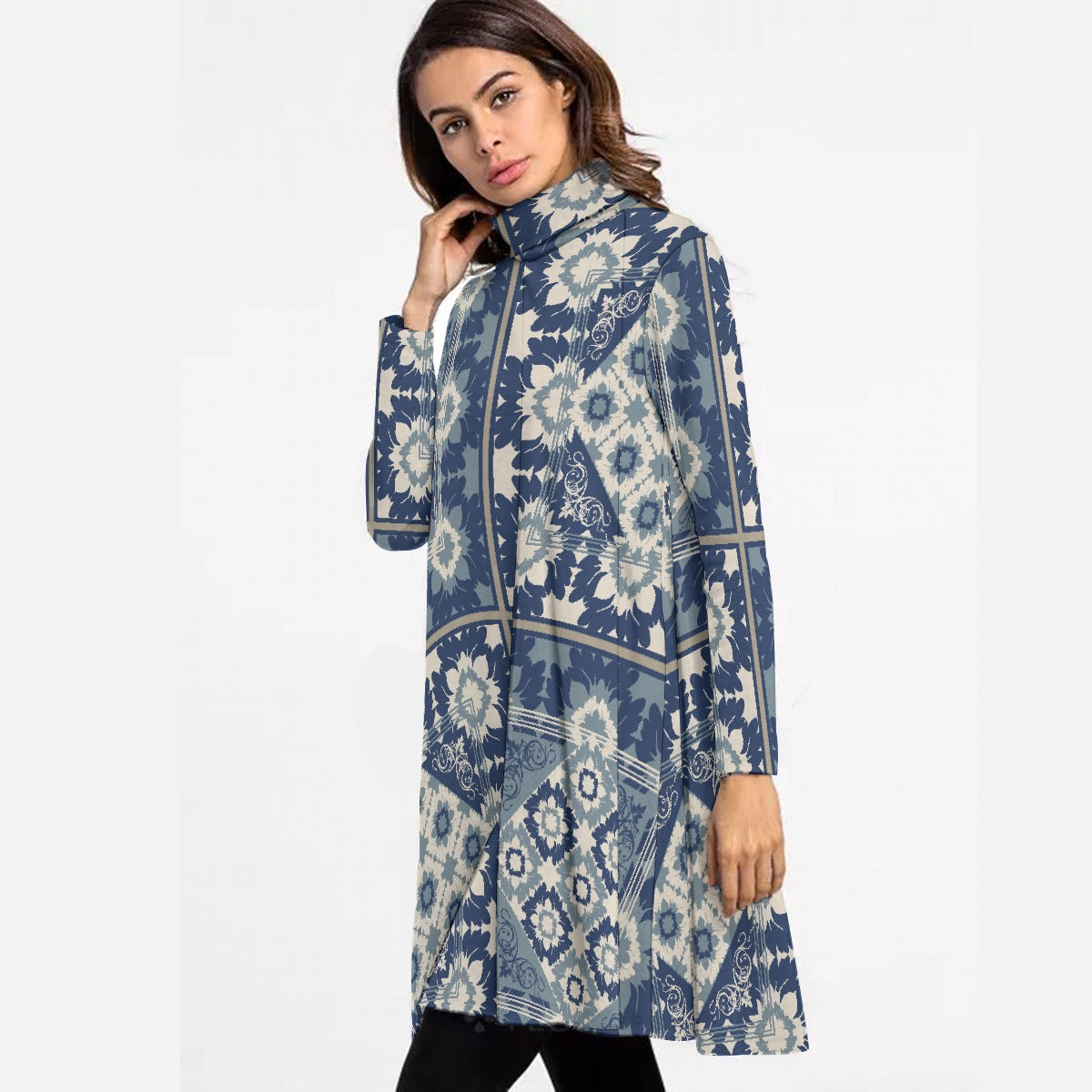 All-Over Print Women's High Neck Dress With Long Sleeve