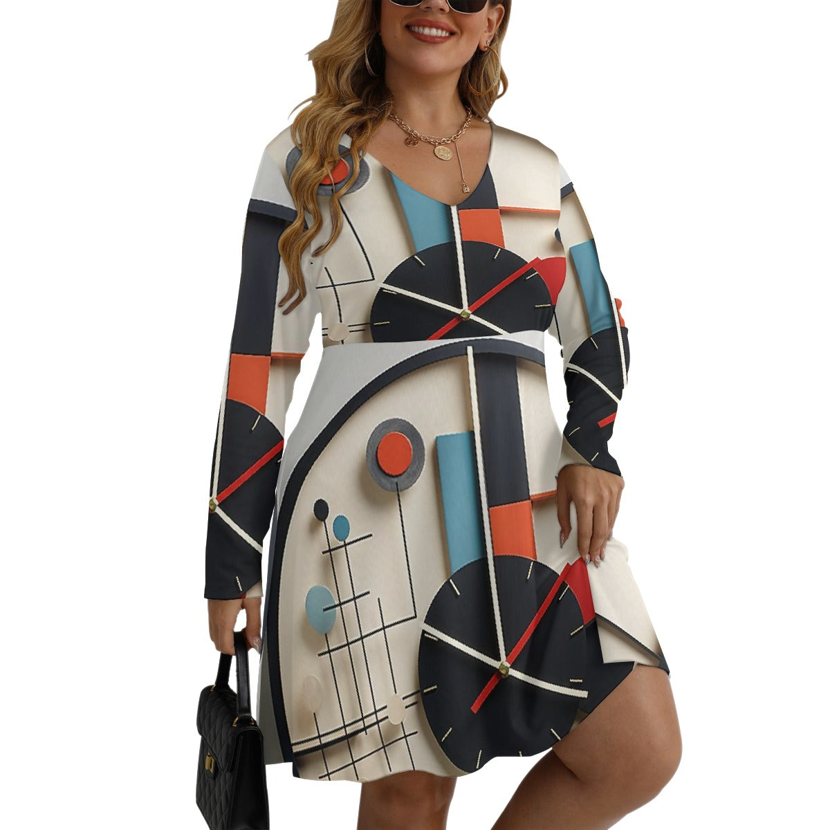 All-Over Print Women's V-neck Long Sleeve Dress(Plus Size)