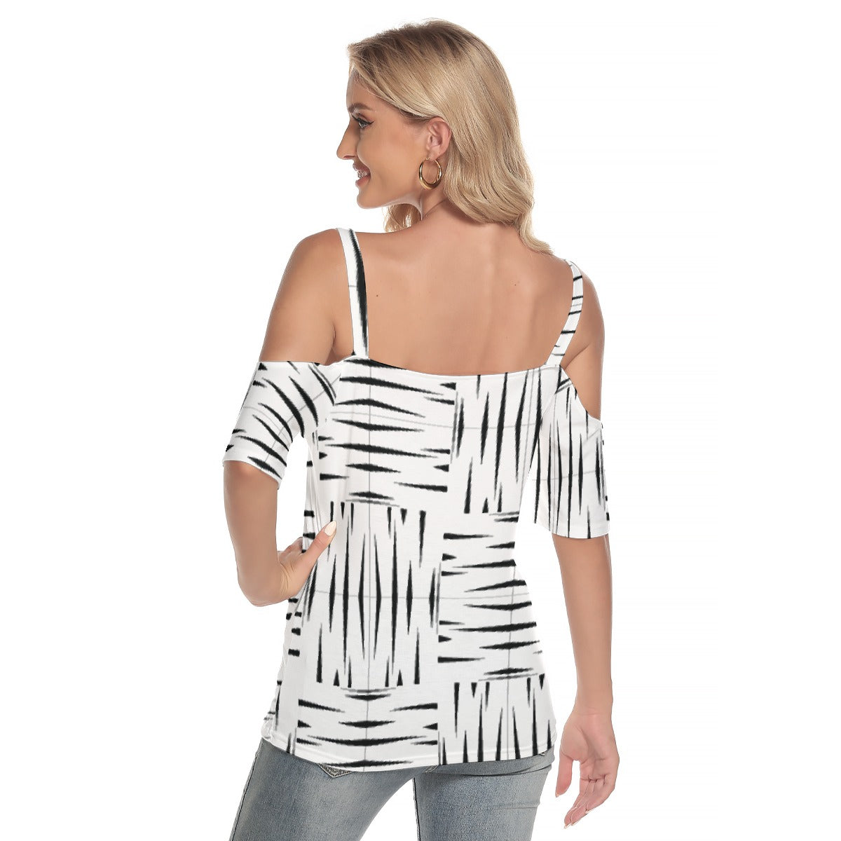 All-Over Print Women's Cold Shoulder T-shirt With Criss Cross Strips