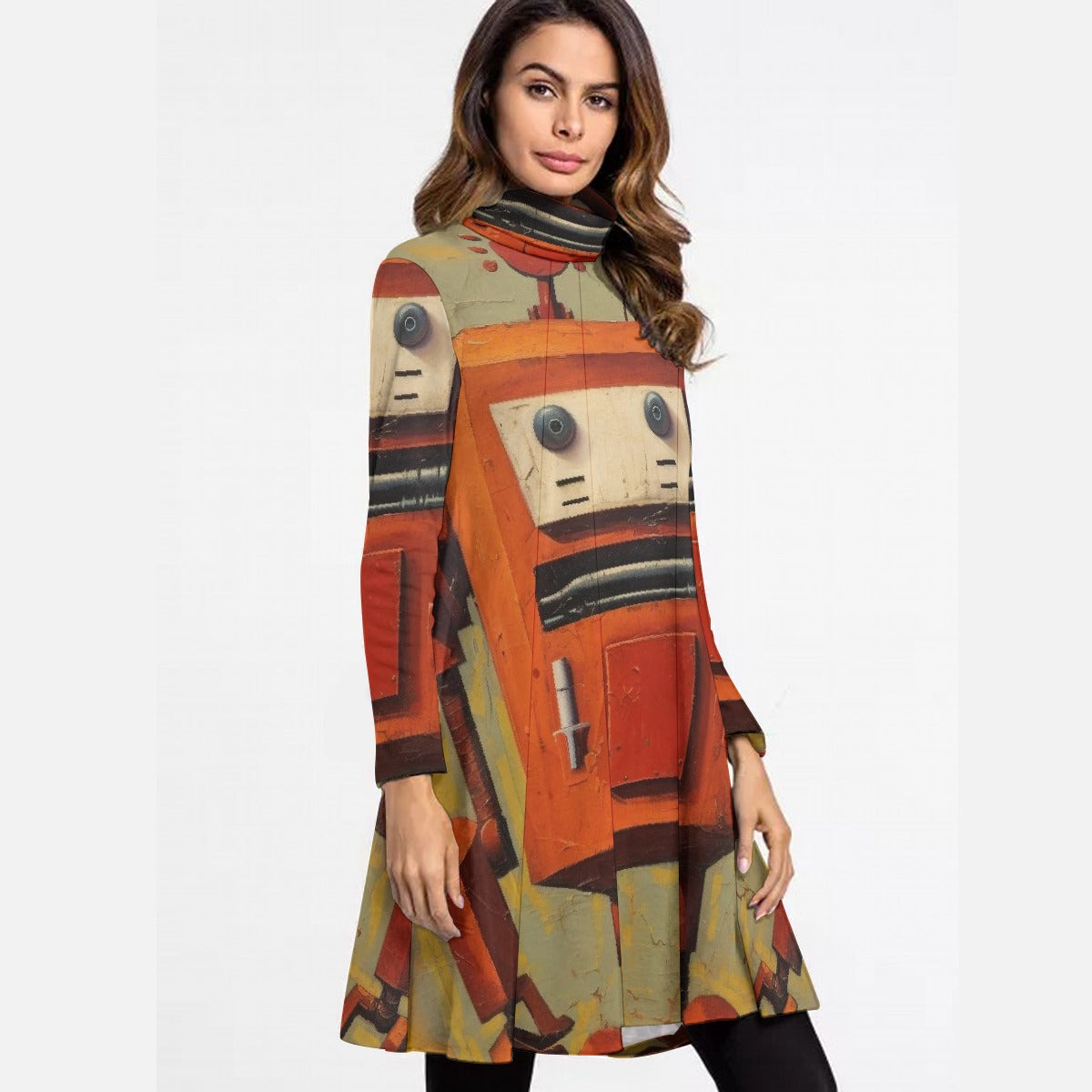 All-Over Print Women's High Neck Dress With Long Sleeve