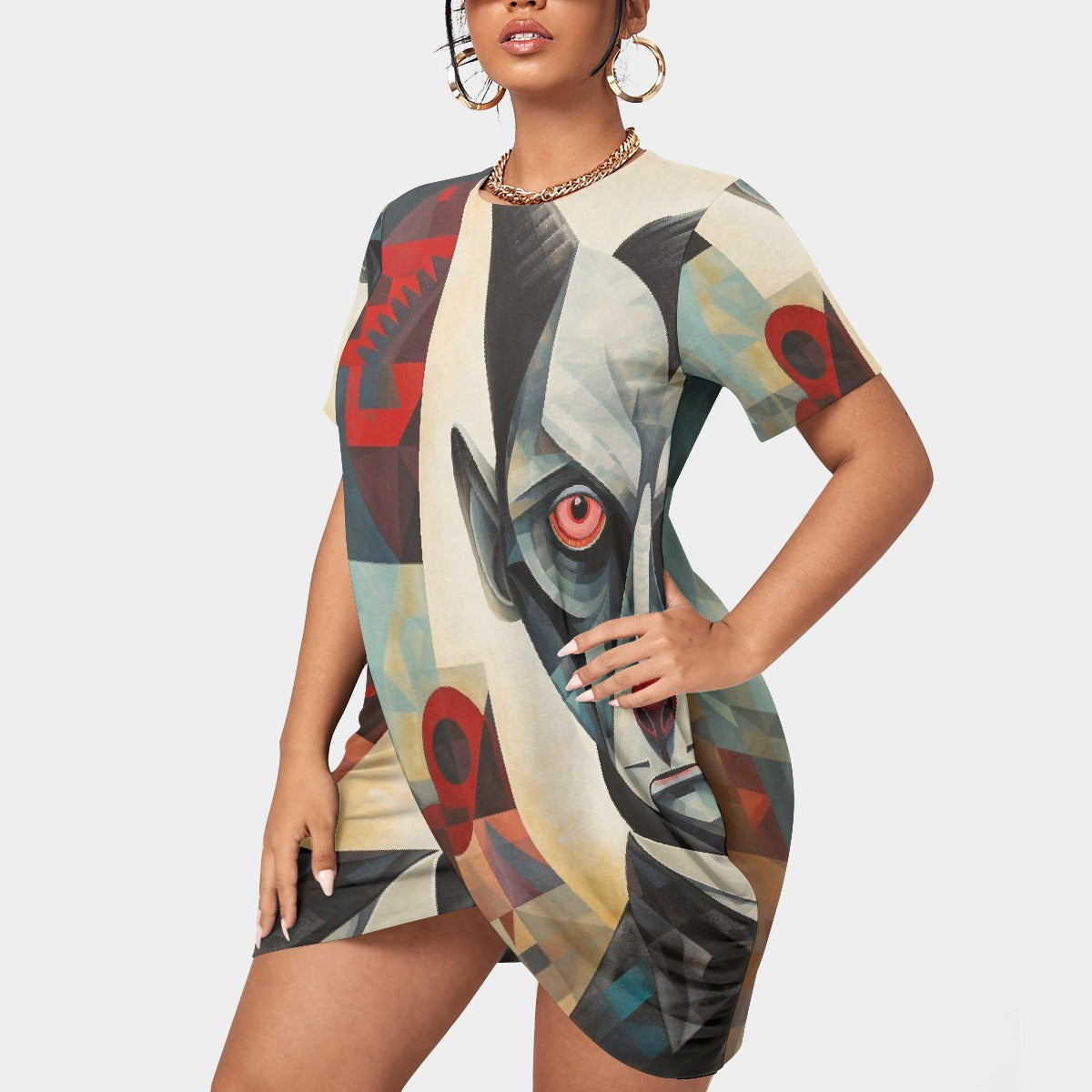 All-Over Print Women’s Stacked Hem Dress With Short Sleeve（Plus Size）