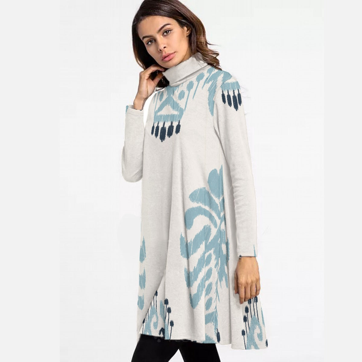 All-Over Print Women's High Neck Dress With Long Sleeve