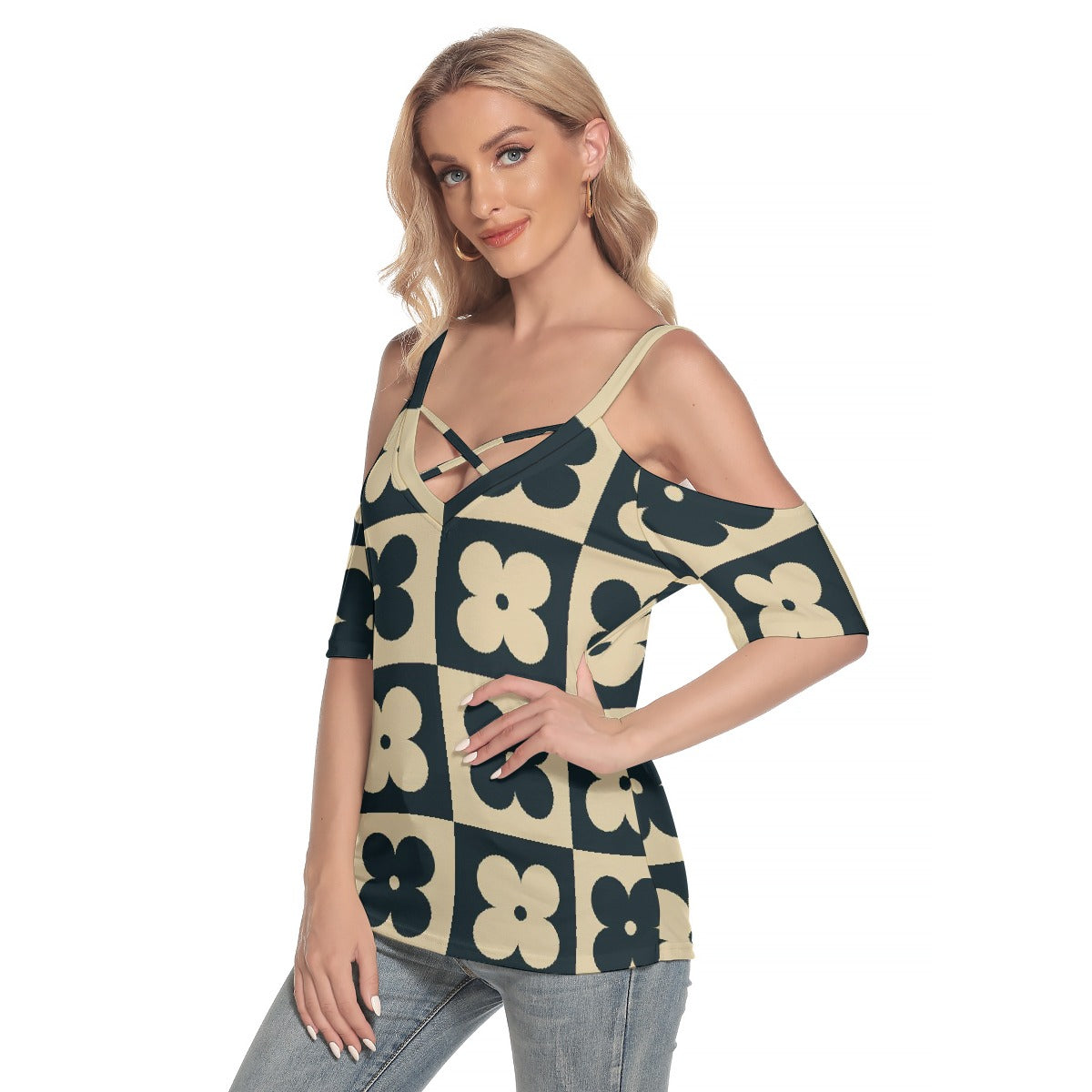 All-Over Print Women's Cold Shoulder T-shirt With Criss Cross Strips