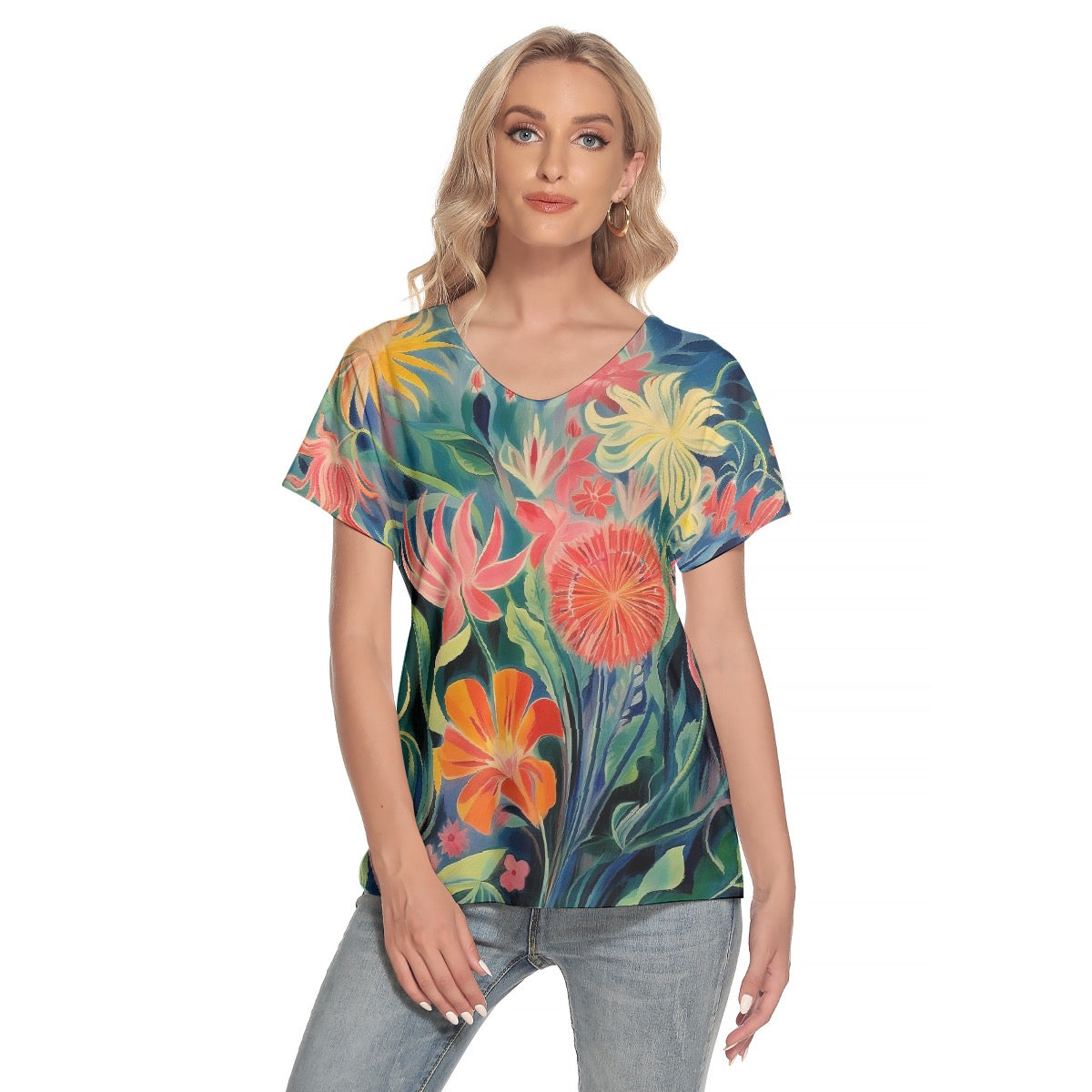 All-Over Print Women's Loose V-neck Short Sleeve T-shirt