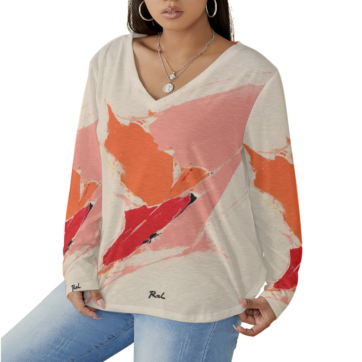 All-Over Print Women's V-neck T-shirt With Curved Hem(Plus Size)