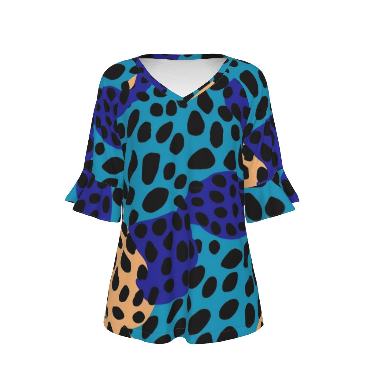 All-Over Print V-neck Women's T-shirt With Bell Sleeve