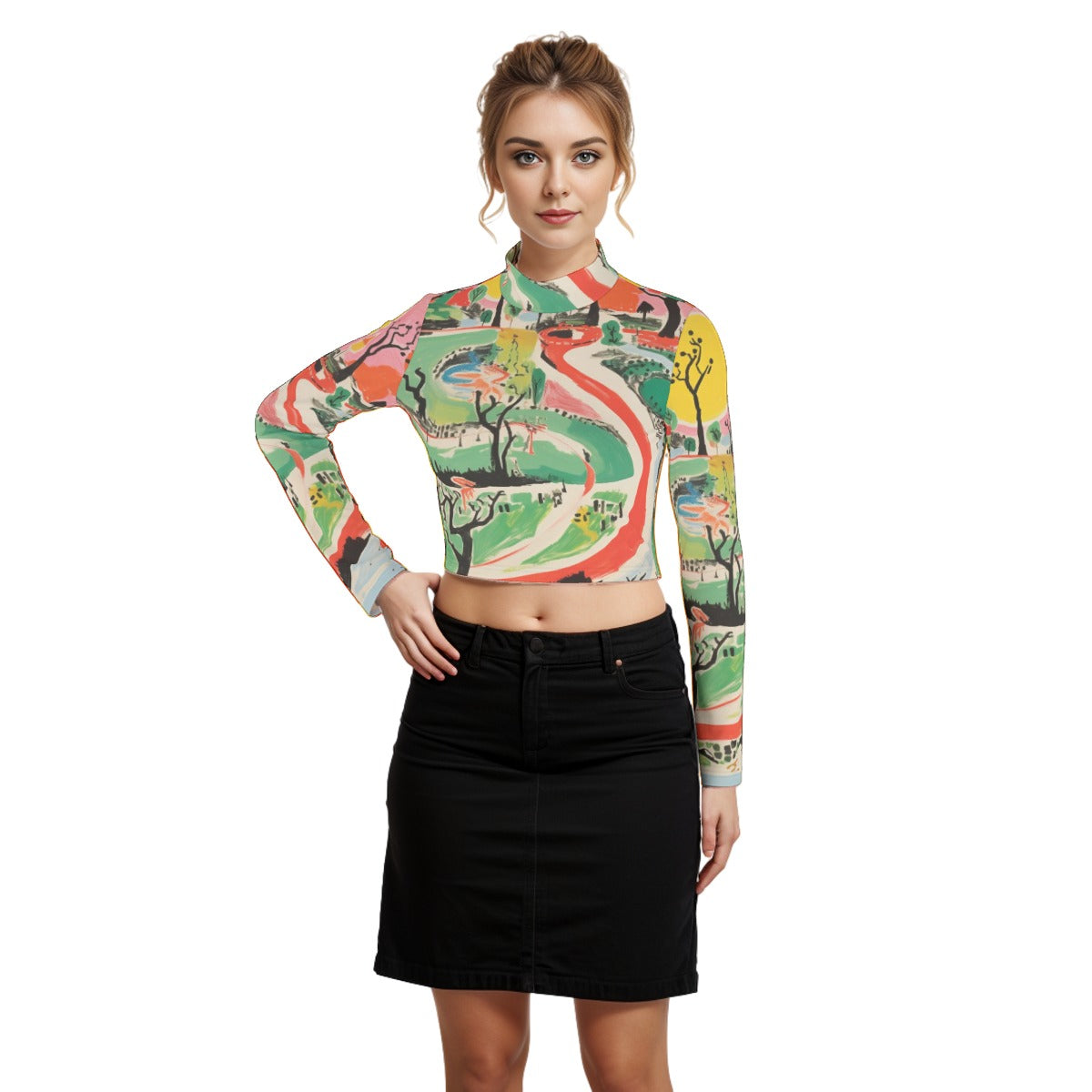 Eco-Friendly All-Over Print Women's Turtleneck T-shirt With Long Sleeve