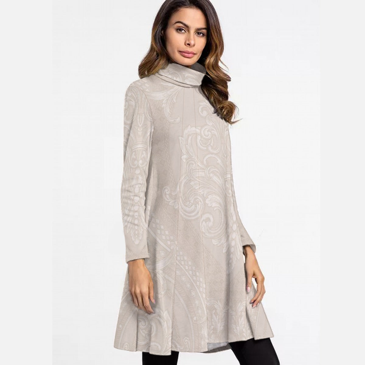 All-Over Print Women's High Neck Dress With Long Sleeve