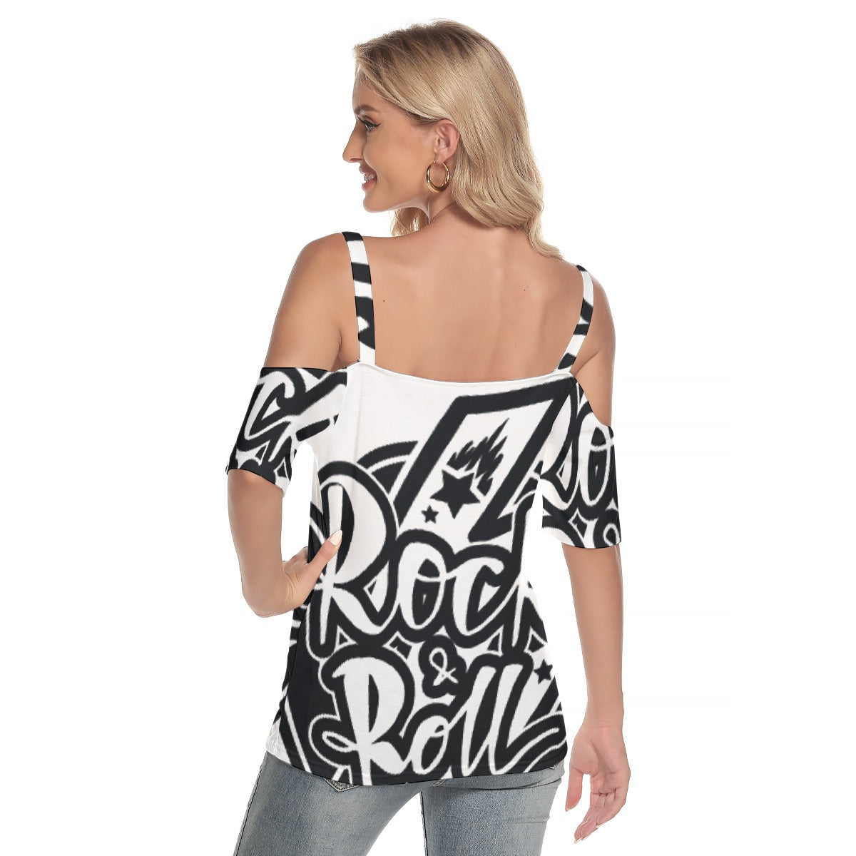 All-Over Print Women's Cold Shoulder T-shirt With Criss Cross Strips