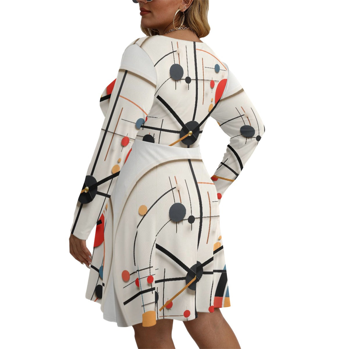 All-Over Print Women's V-neck Long Sleeve Dress(Plus Size)