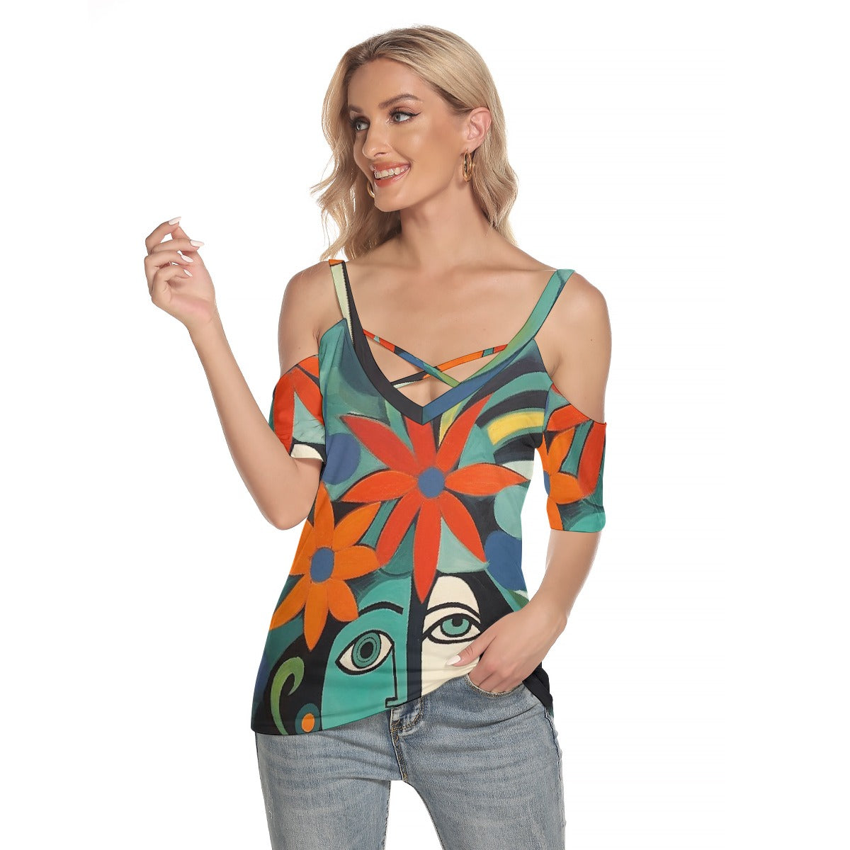 All-Over Print Women's Cold Shoulder T-shirt With Criss Cross Strips