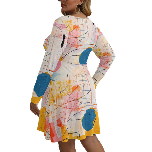 All-Over Print Women's V-neck Long Sleeve Dress(Plus Size)