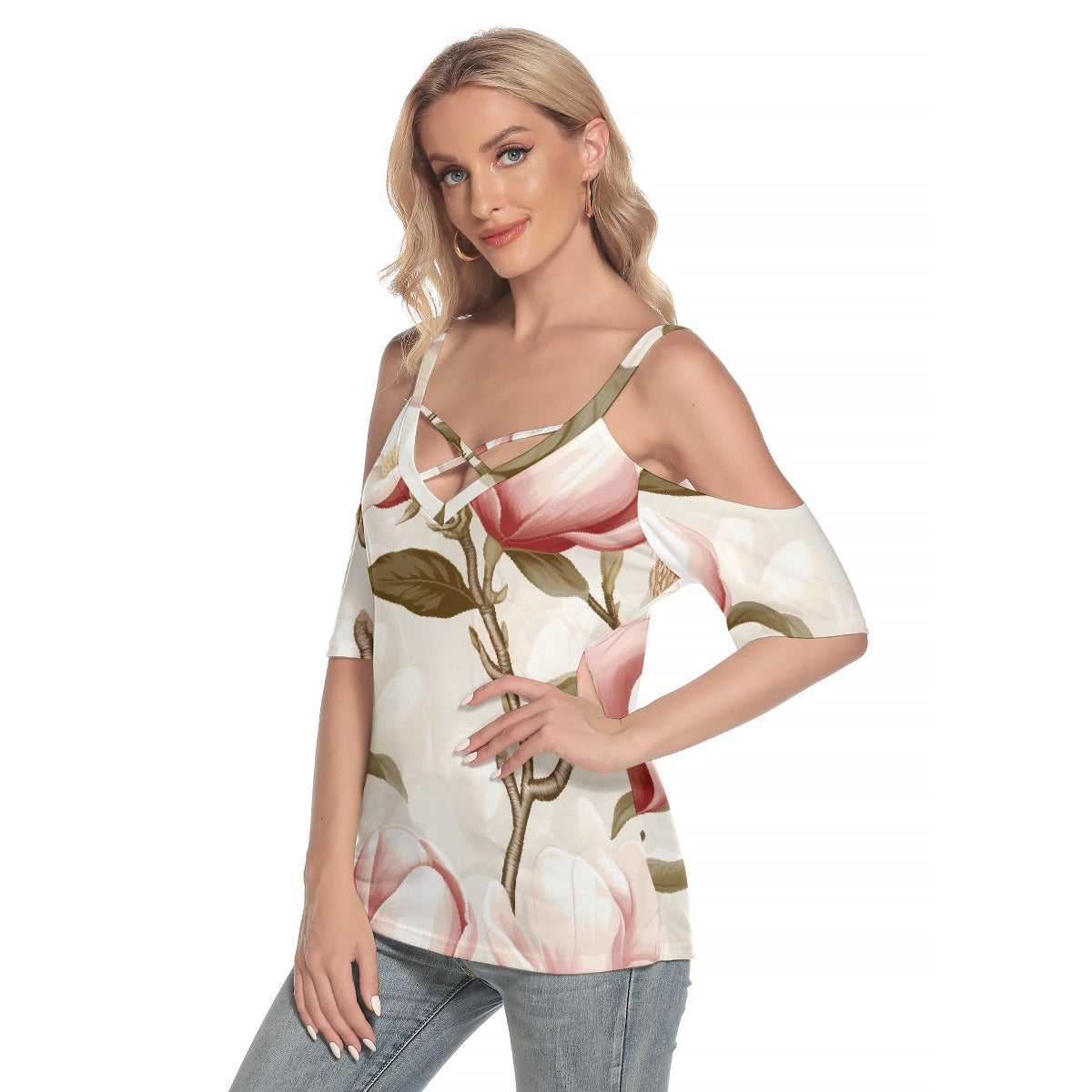 All-Over Print Women's Cold Shoulder T-shirt With Criss Cross Strips