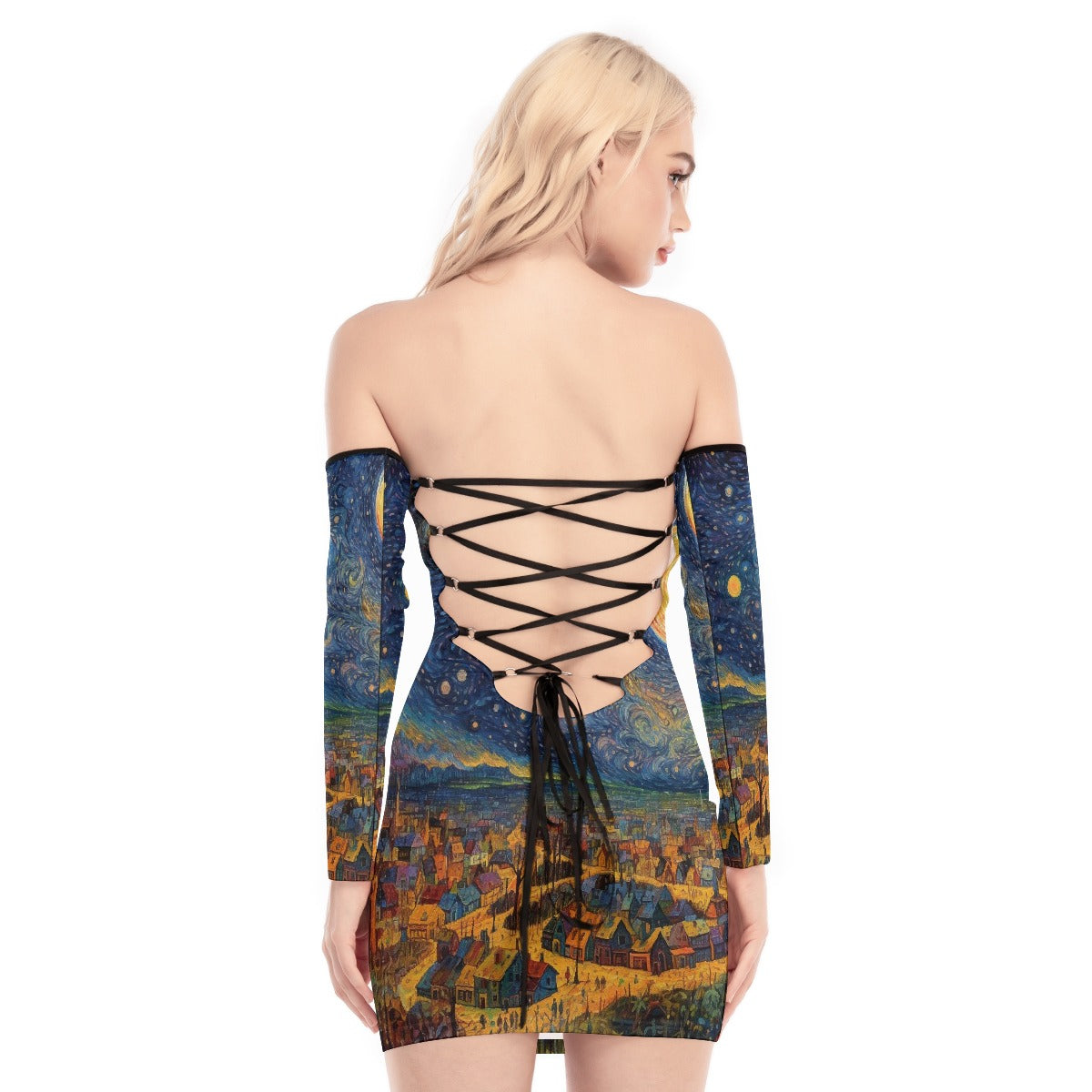 All-Over Print Women's Off-shoulder Back Lace-up Dress