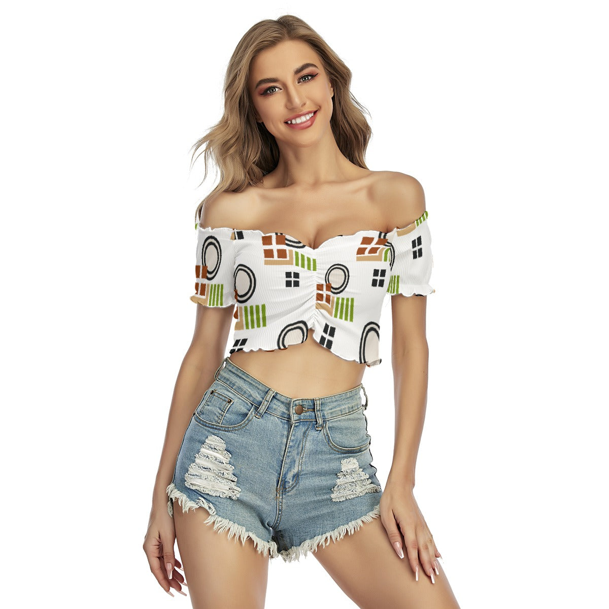 All-Over Print Women's One-shoulder Off-the-navel Short Sleeve T-shirt