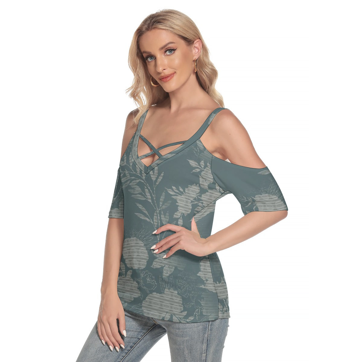 All-Over Print Women's Cold Shoulder T-shirt With Criss Cross Strips