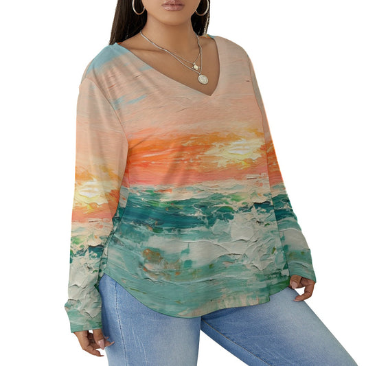 All-Over Print Women's V-neck T-shirt With Curved Hem(Plus Size)