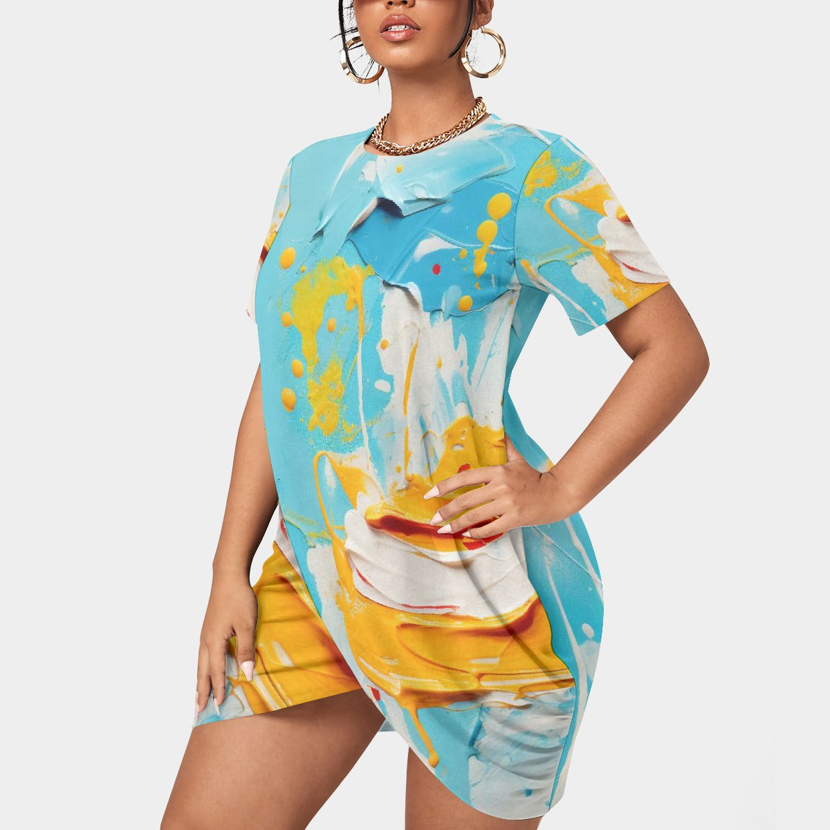 All-Over Print Women’s Stacked Hem Dress With Short Sleeve（Plus Size）