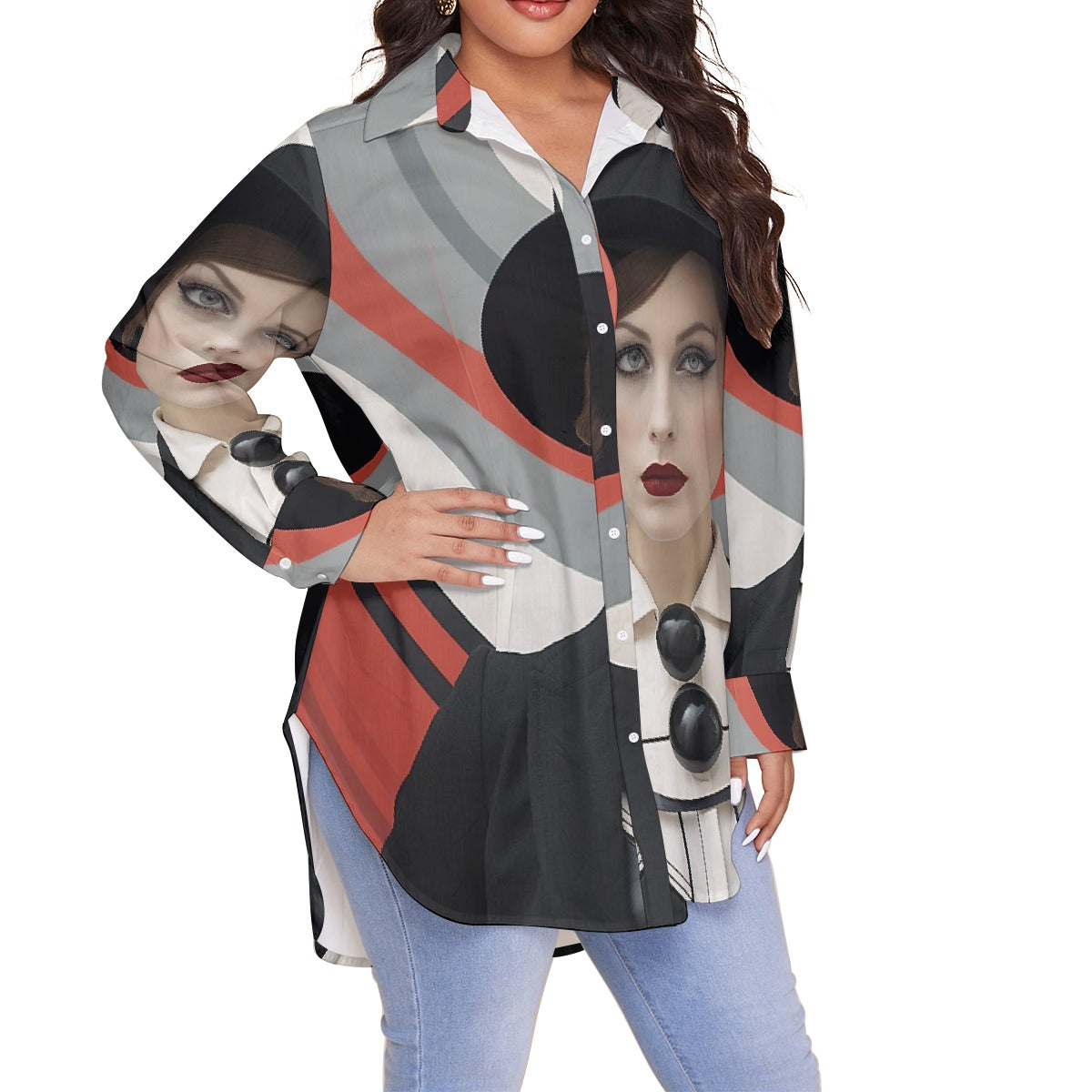 All-Over Print Women's Shirt With Long Sleeve(Plus Size)