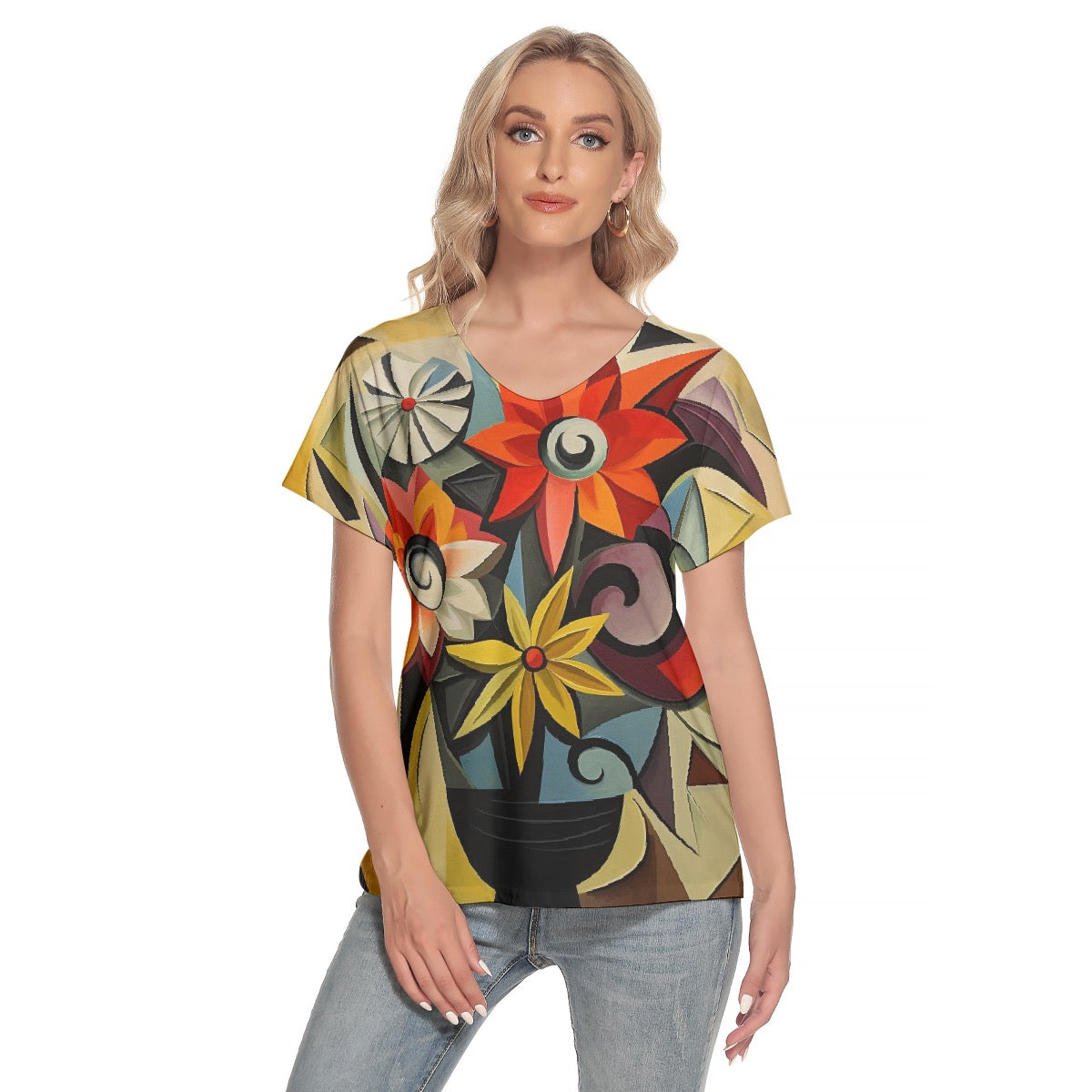 All-Over Print Women's Loose V-neck Short Sleeve T-shirt