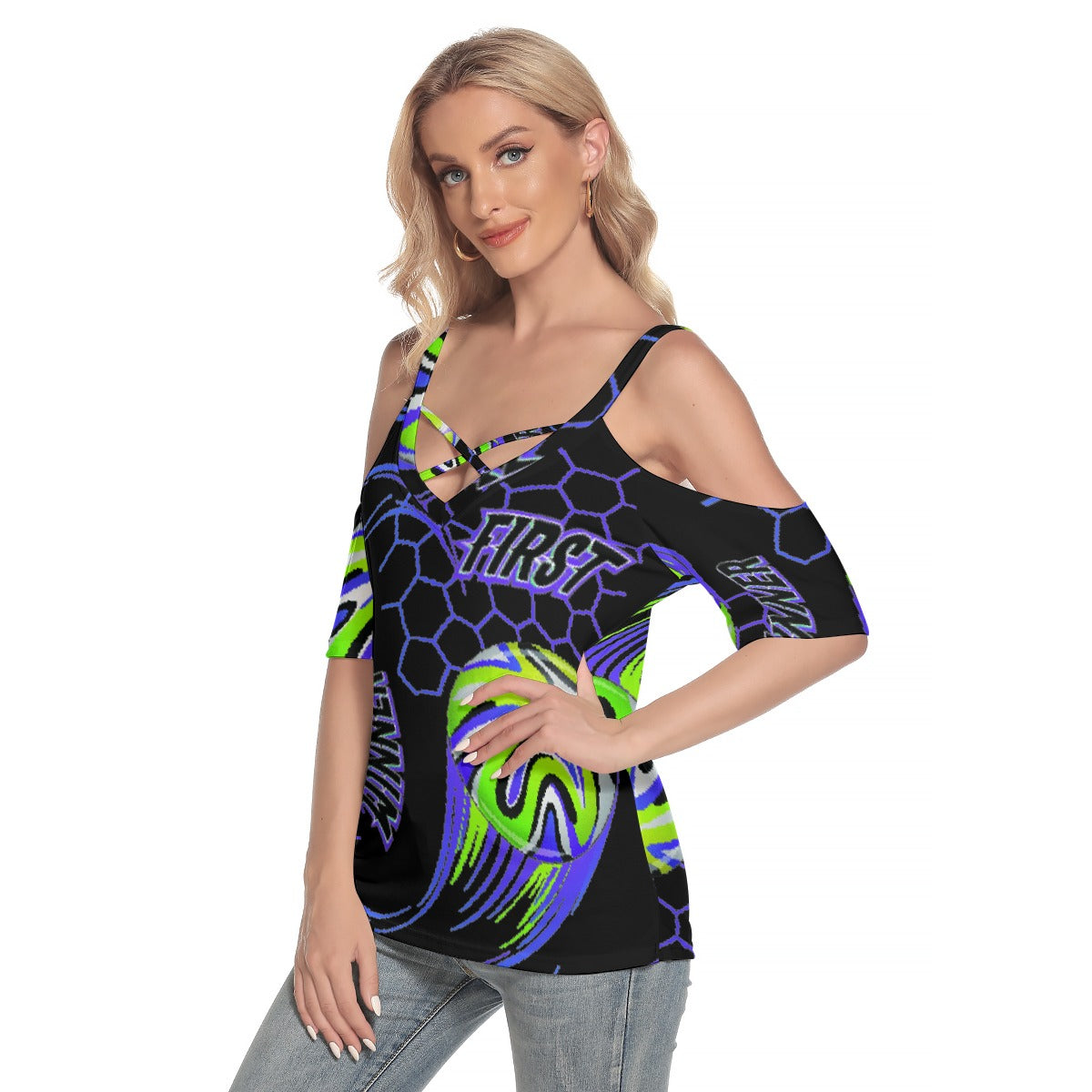 All-Over Print Women's Cold Shoulder T-shirt With Criss Cross Strips