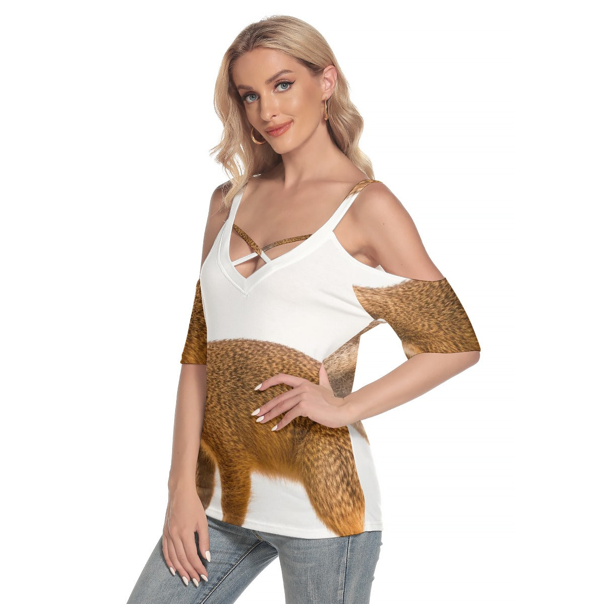 All-Over Print Women's Cold Shoulder T-shirt With Criss Cross Strips