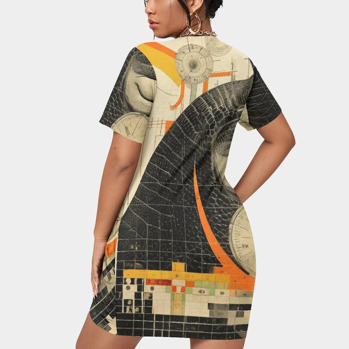 All-Over Print Women’s Stacked Hem Dress With Short Sleeve（Plus Size）