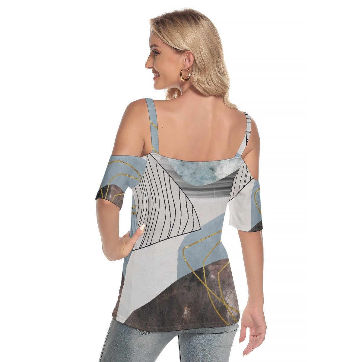 All-Over Print Women's Cold Shoulder T-shirt With Criss Cross Strips