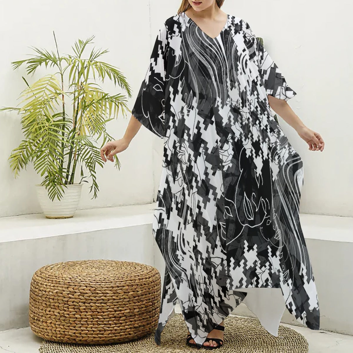 All-Over Print Women's Imitation Silk V-neck Kaftan Robe