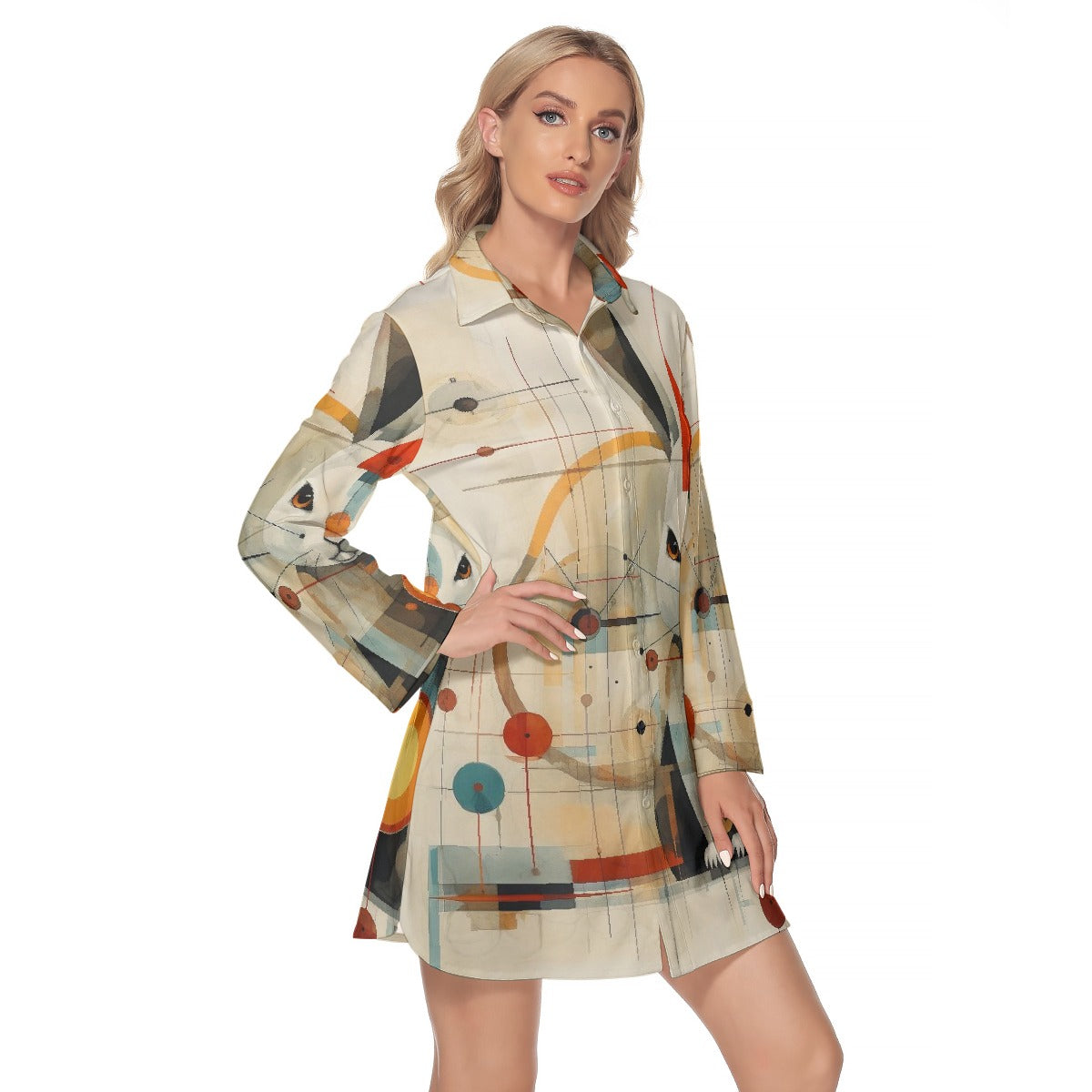 All-Over Print Women's Lapel Shirt Dress With Long Sleeve