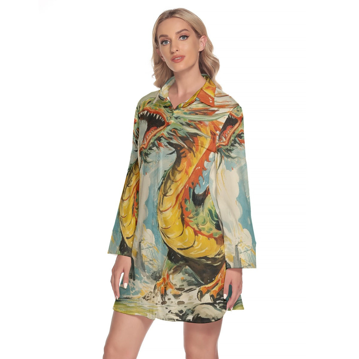 All-Over Print Women's Lapel Shirt Dress With Long Sleeve