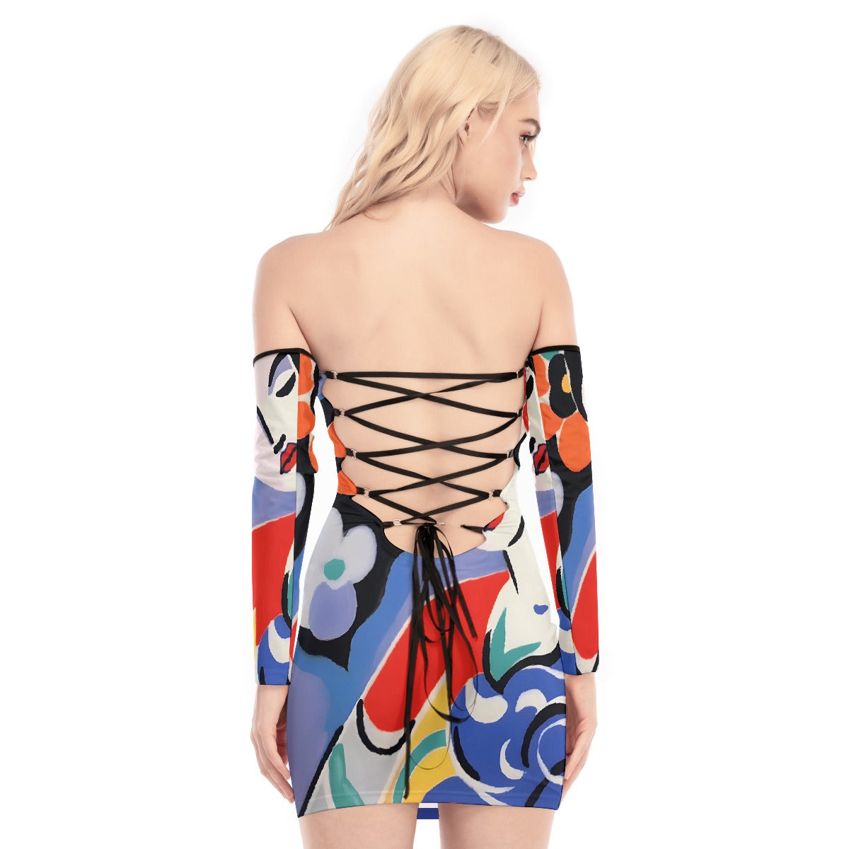 All-Over Print Women's Off-shoulder Back Lace-up Dress