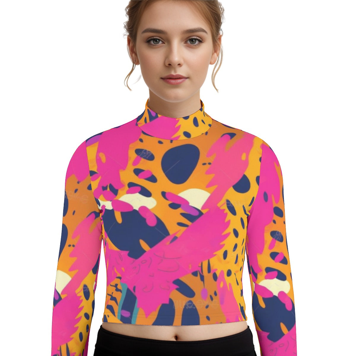 Eco-Friendly All-Over Print Women's Turtleneck T-shirt With Long Sleeve