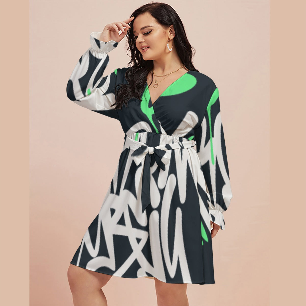 All-Over Print Women's V-neck Dress With Waistband(Plus Size)