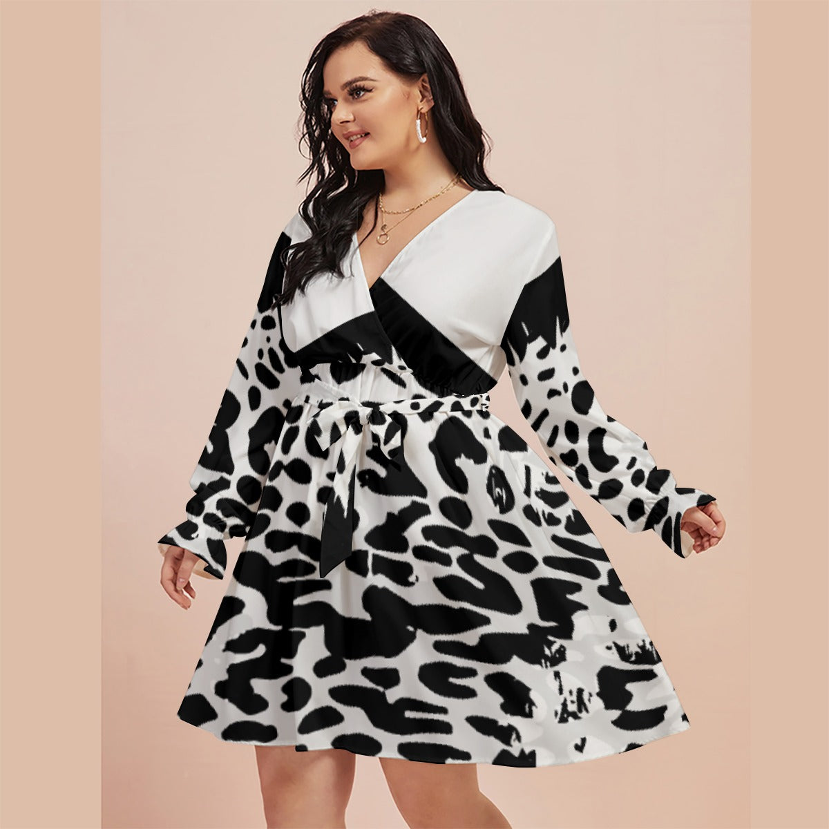 All-Over Print Women's V-neck Dress With Waistband(Plus Size)