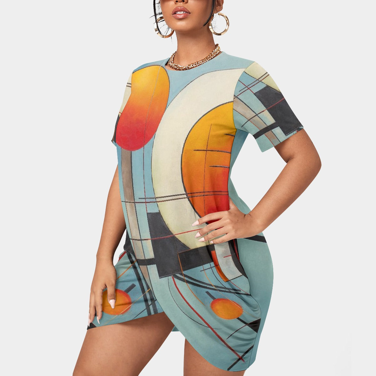 All-Over Print Women’s Stacked Hem Dress With Short Sleeve（Plus Size）