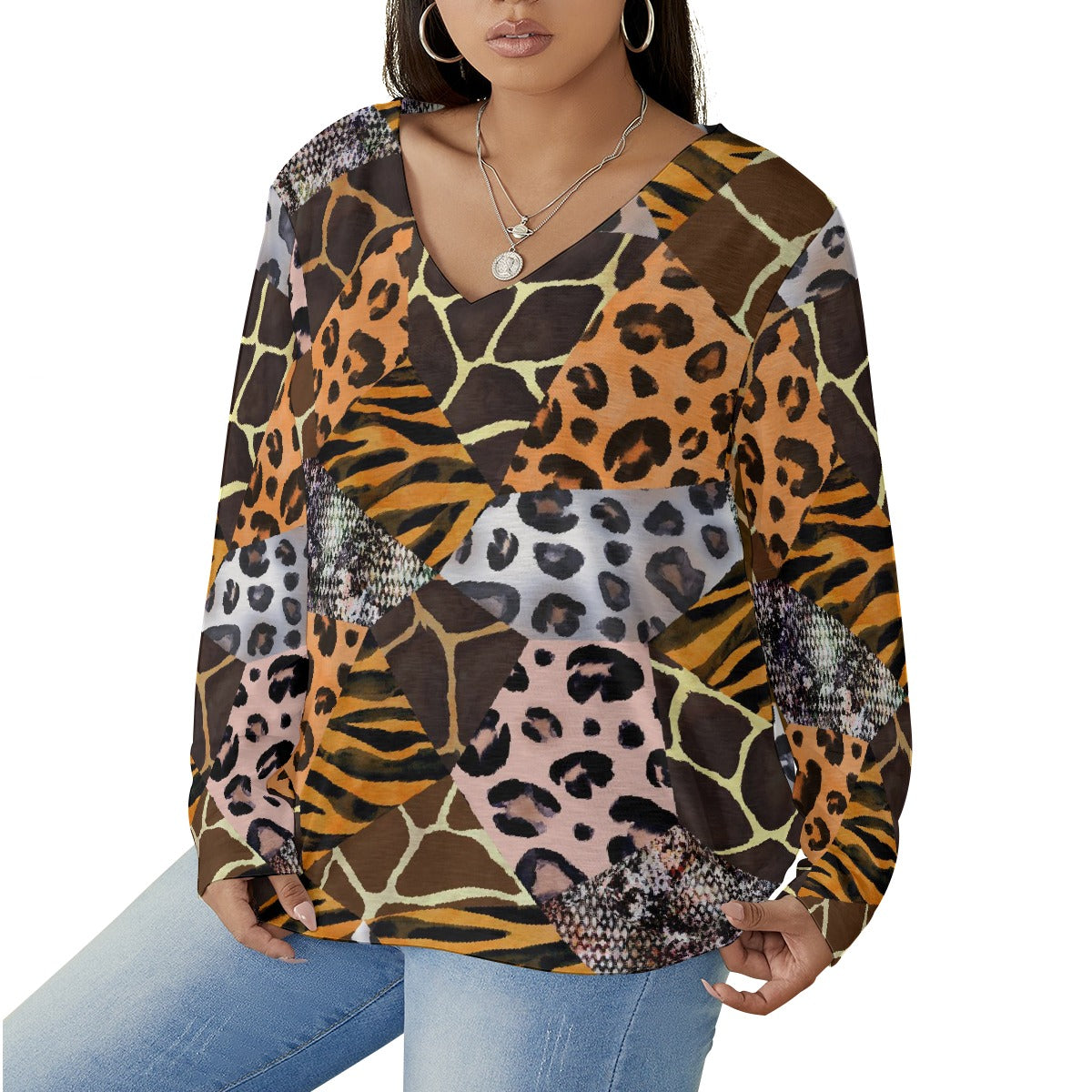 All-Over Print Women's V-neck T-shirt With Curved Hem(Plus Size)