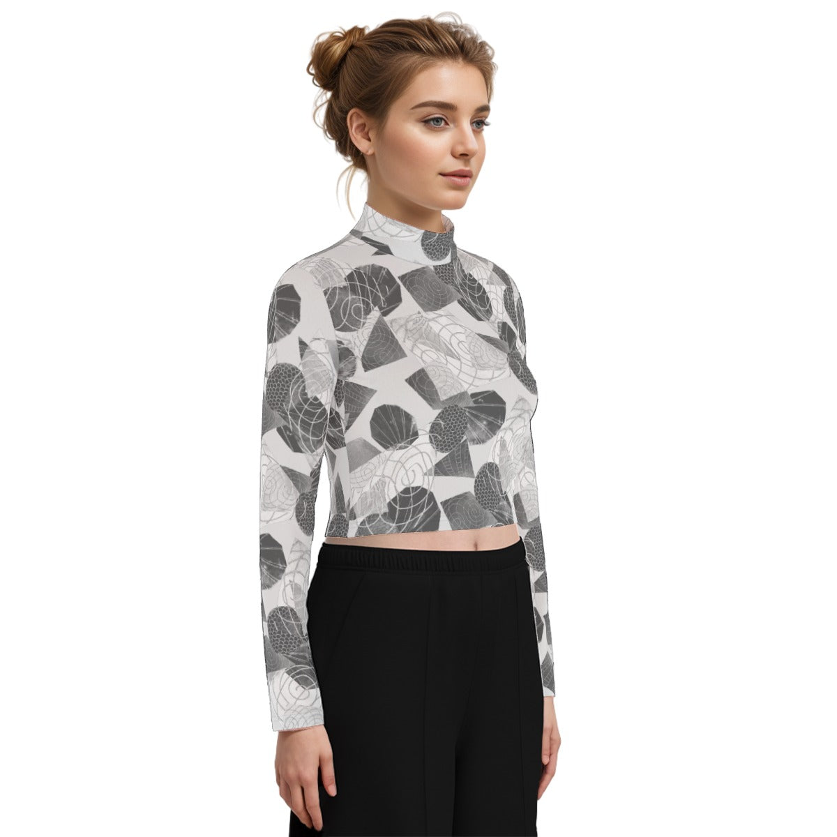 Eco-Friendly All-Over Print Women's Turtleneck T-shirt With Long Sleeve