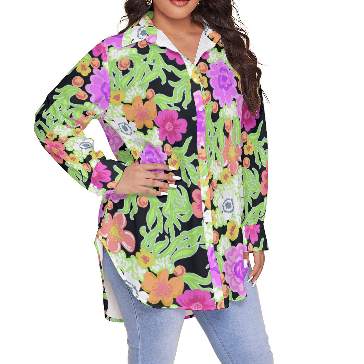 All-Over Print Women's Shirt With Long Sleeve(Plus Size)