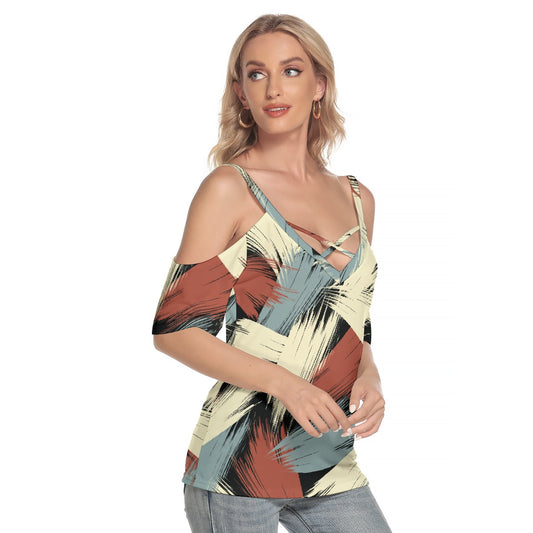 All-Over Print Women's Cold Shoulder T-shirt With Criss Cross Strips