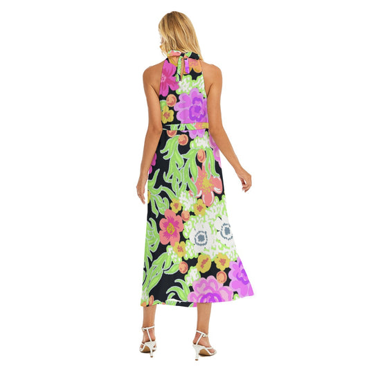 All-Over Print Women's Wrap Hem Belted Halter Dress