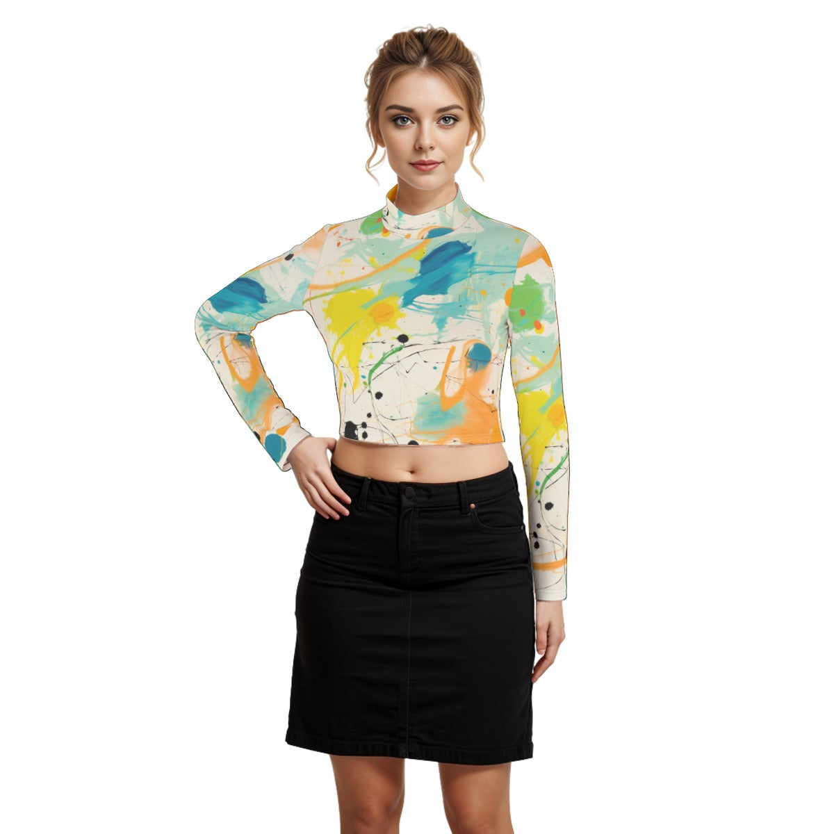 Eco-Friendly All-Over Print Women's Turtleneck T-shirt With Long Sleeve