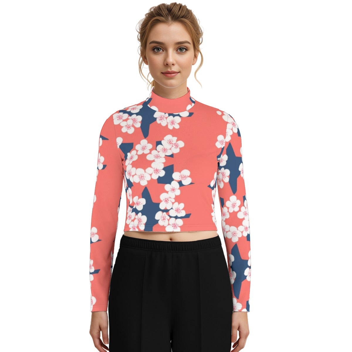 Eco-Friendly All-Over Print Women's Turtleneck T-shirt With Long Sleeve