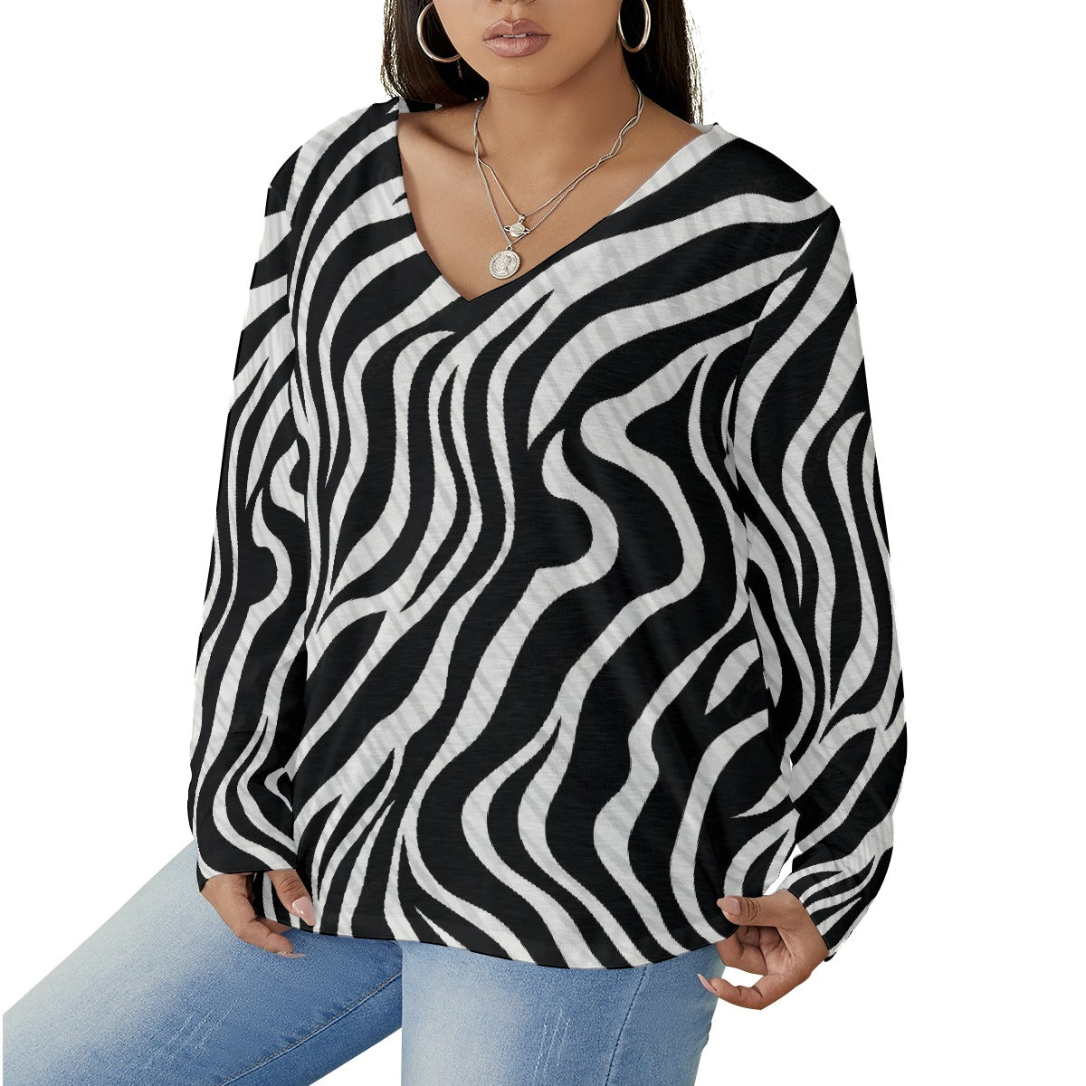 All-Over Print Women's V-neck T-shirt With Curved Hem(Plus Size)